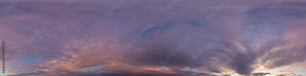 Fototapeta premium Dark blue sunset sky panorama with pink Cumulus clouds. Seamless hdr 360 panorama in spherical equirectangular format. Full zenith for 3D visualization, sky replacement for aerial drone panoramas.