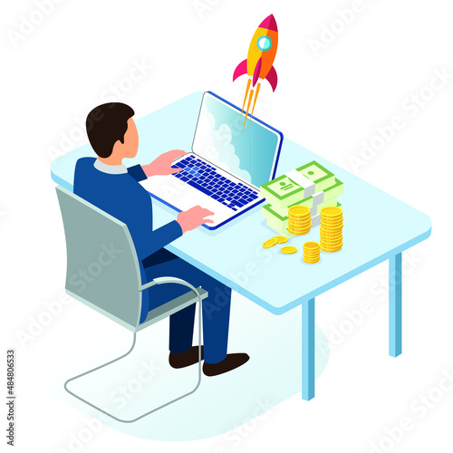Business startup concept illustration, man working on computer, invested money in startup business.