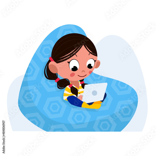 Girl with computer sitting in the bean bag chair. Good distance learning illustration.