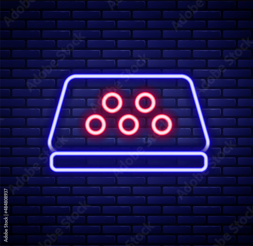 Glowing neon line Taxi car roof icon isolated on brick wall background. Colorful outline concept. Vector