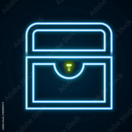 Glowing neon line Antique treasure chest icon isolated on black background. Vintage wooden chest with golden coin. Colorful outline concept. Vector