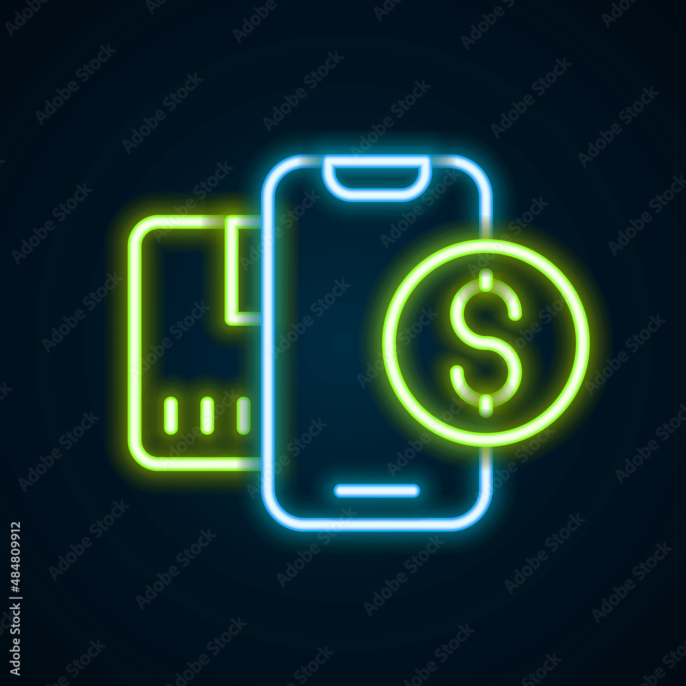 Glowing neon line Smartphone with dollar symbol icon isolated on black background. Online shopping concept. Financial mobile phone icon. Online payment. Colorful outline concept. Vector Glowing neon line Smartphone with dollar symbol icon isolated on black background. Online shopping concept. Financial mobile phone icon. Online payment. Colorful outline concept. Vector