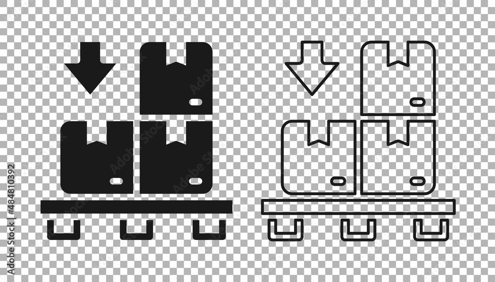 Black Cardboard boxes on pallet icon isolated on transparent background. Closed carton delivery packaging box with fragile signs. Vector