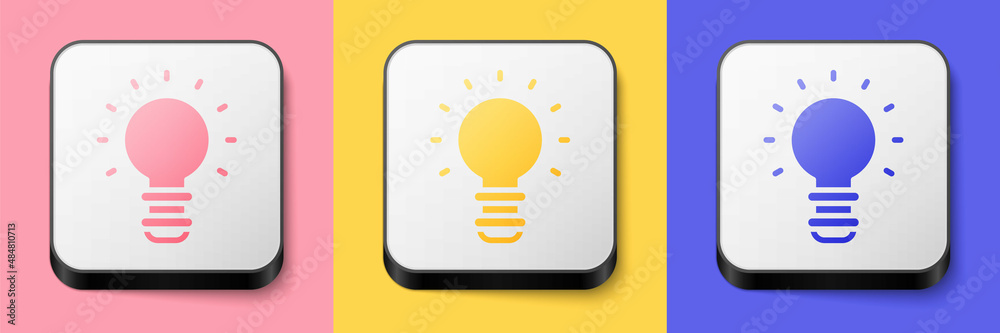 Isometric Creative lamp light idea icon isolated on pink, yellow and blue background. Concept ideas inspiration, invention, effective thinking, knowledge and education. Square button. Vector Isometric Creative lamp light idea icon isolated on pink, yellow and blue background. Concept ideas inspiration, invention, effective thinking, knowledge and education. Square button. Vector