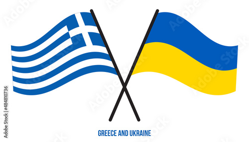 Greece and Ukraine Flags Crossed And Waving Flat Style. Official Proportion. Correct Colors.