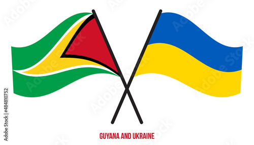 Guyana and Ukraine Flags Crossed And Waving Flat Style. Official Proportion. Correct Colors.