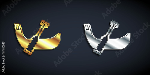 Gold and silver Gondola boat italy venice icon isolated on black background. Tourism rowing transport romantic. Long shadow style. Vector