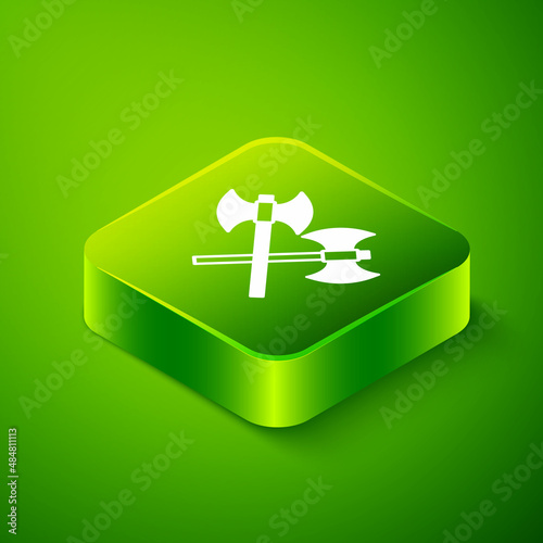 Isometric Crossed medieval axes icon isolated on green background. Battle axe, executioner axe. Medieval weapon. Green square button. Vector