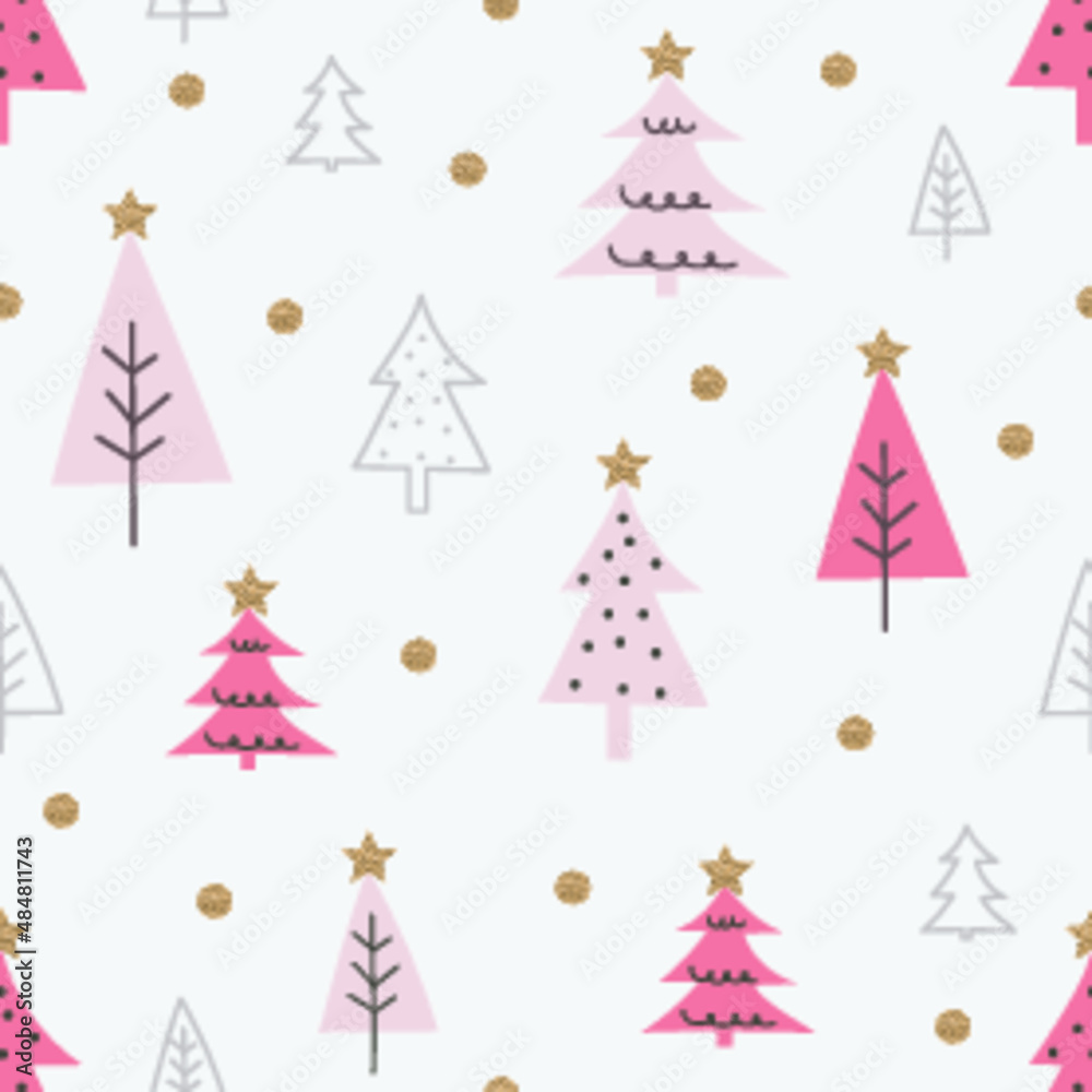 Seamless christmas pattern with pink pastel christmas trees, star and gold glitter. 