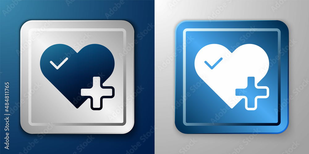 White Heart rate icon isolated on blue and grey background. Heartbeat sign. Heart pulse icon. Cardiogram icon. Silver and blue square button. Vector White Heart rate icon isolated on blue and grey background. Heartbeat sign. Heart pulse icon. Cardiogram icon. Silver and blue square button. Vector