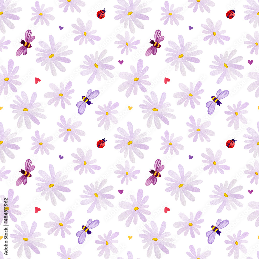 Seamless pattern of shoulders, daisies and ladybugs. Seamless pattern of shoulders, daisies and ladybugs.