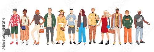Group of Fashion People Characters. Young Man and Woman in Trendy Outfit Standing Together. Guys and Girls with Different Hairstyles and Ethnicities in Stylish Casual Clothes. Flat Vector Illustration