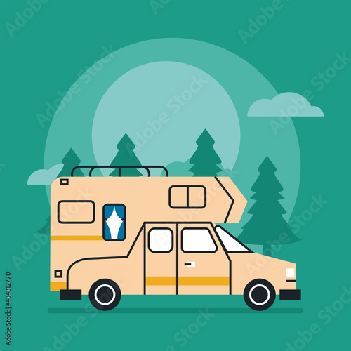 beige camper in forest © Jemastock