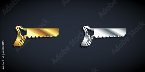 Gold and silver Hand saw icon isolated on black background. Long shadow style. Vector