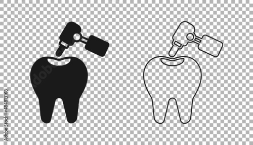 Black Tooth with caries and tooth drill icon isolated on transparent background. Tooth decay. Vector