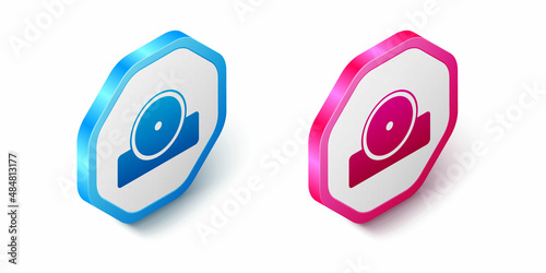 Isometric Otolaryngological head reflector icon isolated on white background. Equipment for inspection the patients ear, throat and nose. Hexagon button. Vector