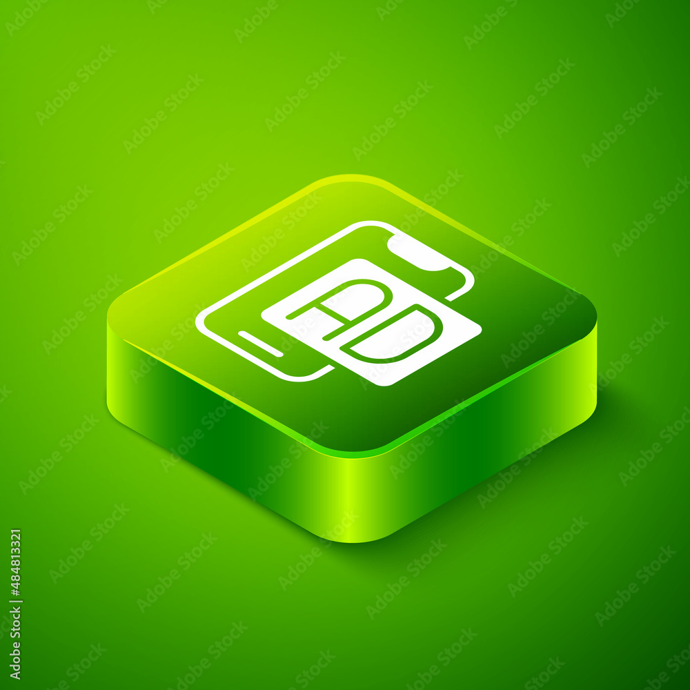 Isometric Advertising icon isolated on green background. Concept of marketing and promotion process. Responsive ads. Social media advertising. Green square button. Vector Isometric Advertising icon isolated on green background. Concept of marketing and promotion process. Responsive ads. Social media advertising. Green square button. Vector