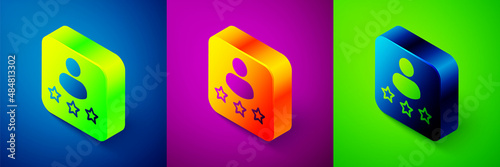 Isometric Consumer or customer product rating icon isolated on blue, purple and green background. Square button. Vector