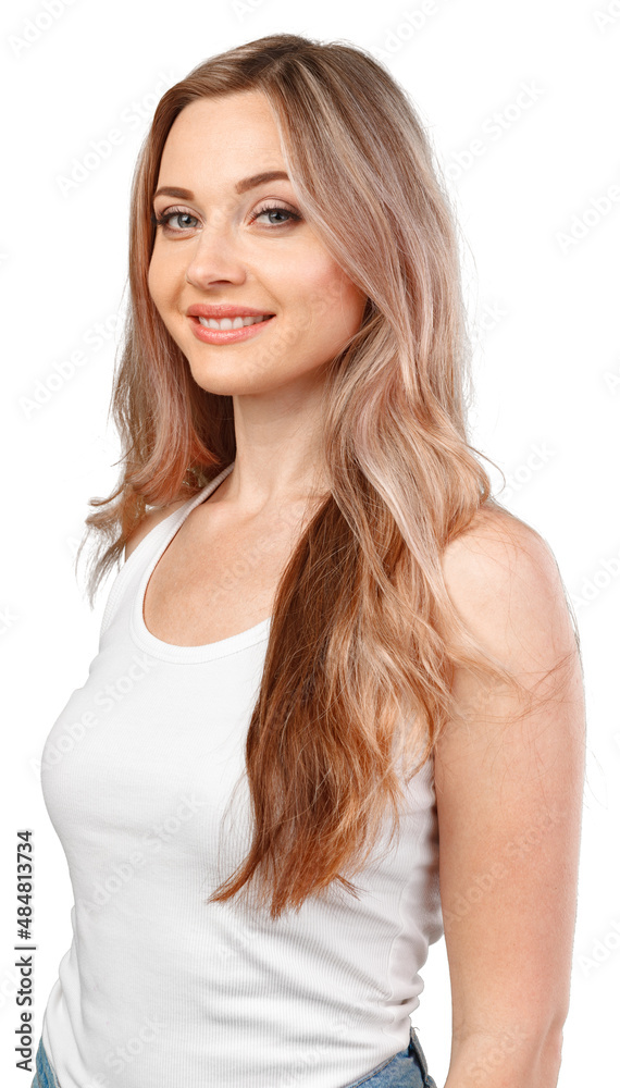 Portrait of young beautiful girl smiling looking at camera over white background Portrait of young beautiful girl smiling looking at camera over white background