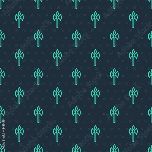 Green line Medieval axe icon isolated seamless pattern on blue background. Battle axe, executioner axe. Medieval weapon. Vector