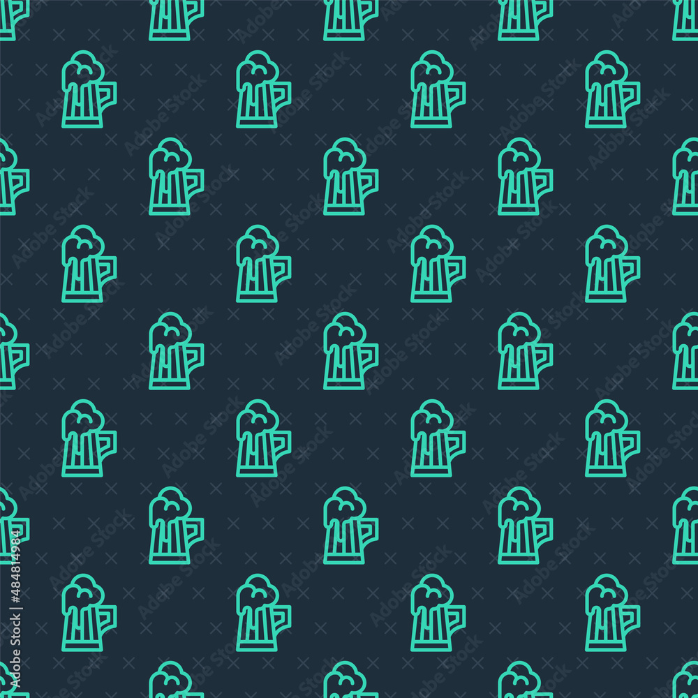 Green line Wooden beer mug icon isolated seamless pattern on blue background. Vector