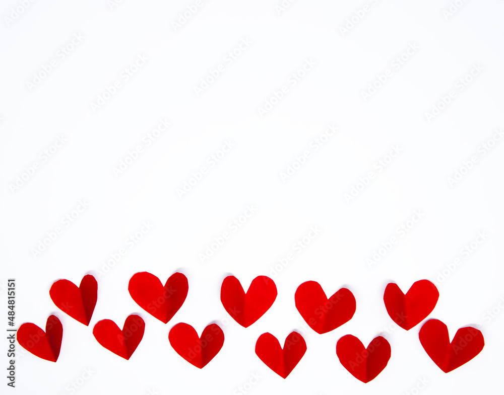 Valentine's day background with copy space. red hearts on white background , flat lay