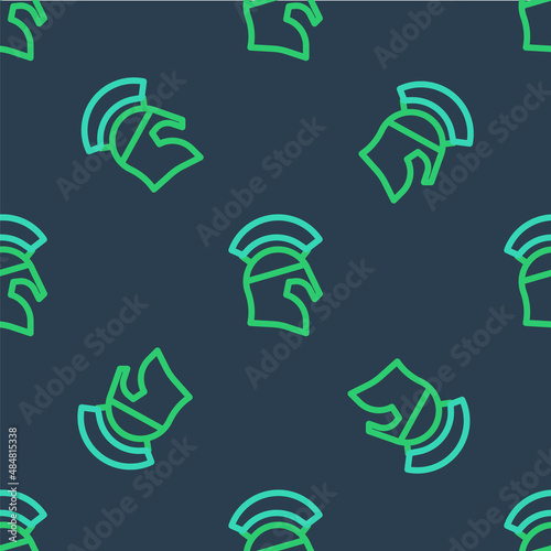 Line Greek helmet icon isolated seamless pattern on blue background. Antiques helmet for head protection soldiers with a crest of feathers or horsehair. Vector