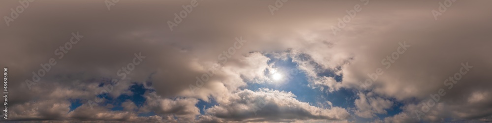 Overcast sky panorama on sunset with Cumulus clouds in Seamless spherical equirectangular format as full zenith for use in 3D graphics, game and aerial drone 360 degree panoramas for sky replacement. Overcast sky panorama on sunset with Cumulus clouds in Seamless spherical equirectangular format as full zenith for use in 3D graphics, game and aerial drone 360 degree panoramas for sky replacement.
