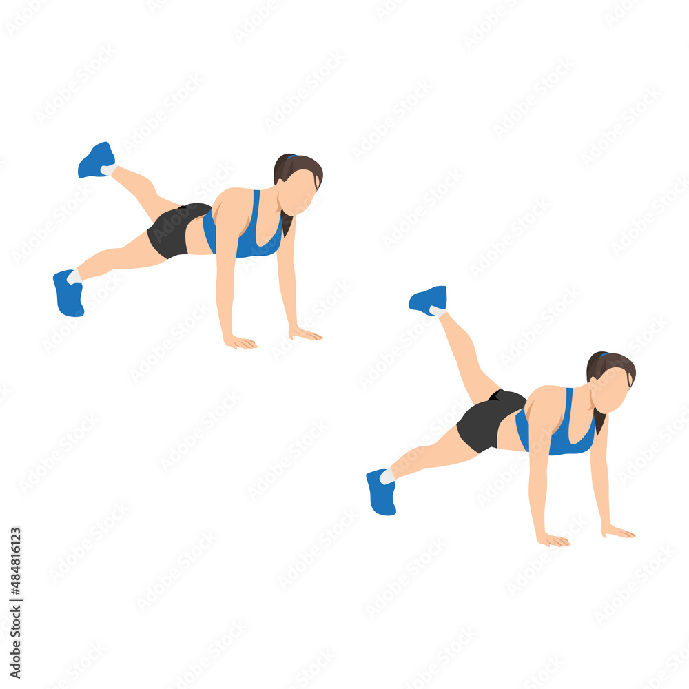 Woman doing plank leg extension pulses exercise. Flat vector illustration isolated on white background Woman doing plank leg extension pulses exercise. Flat vector illustration isolated on white background