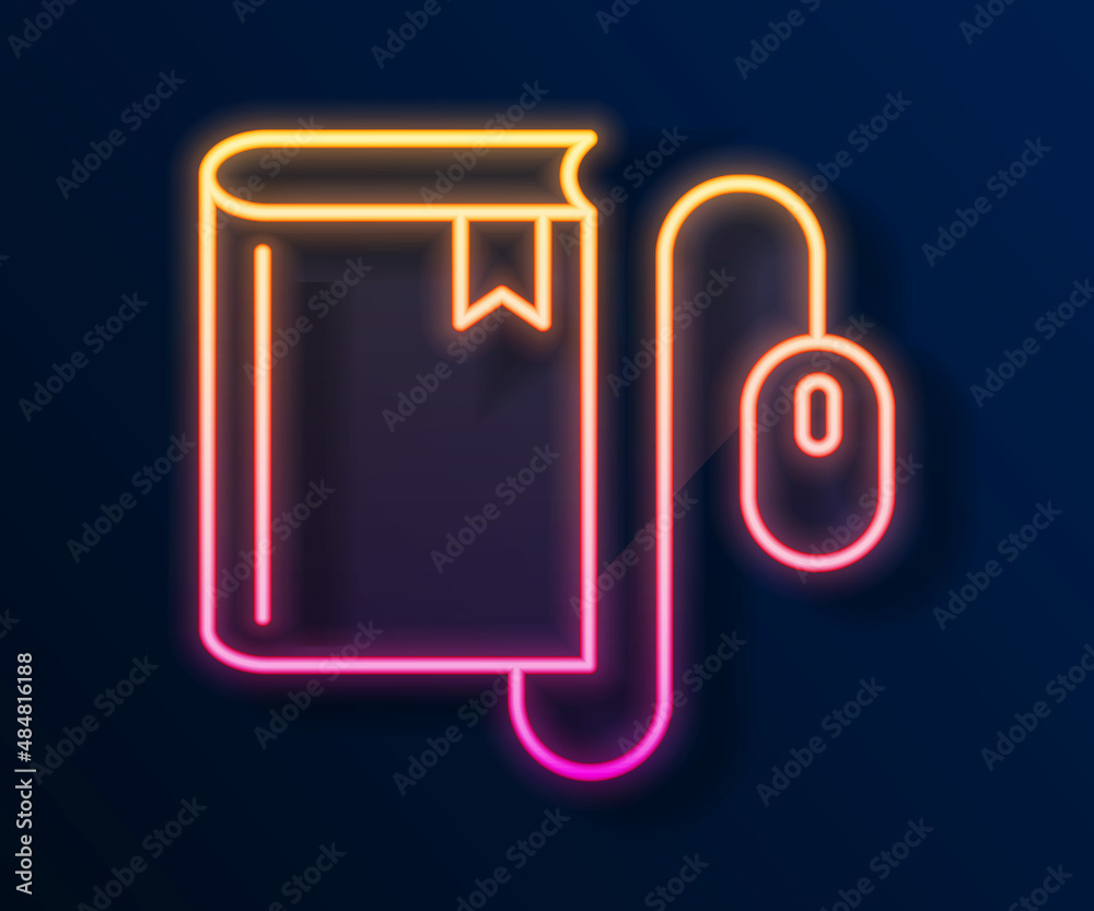 Glowing neon line Electronic book with mouse icon isolated on black background. Online education concept. E-book badge icon. Vector Glowing neon line Electronic book with mouse icon isolated on black background. Online education concept. E-book badge icon. Vector
