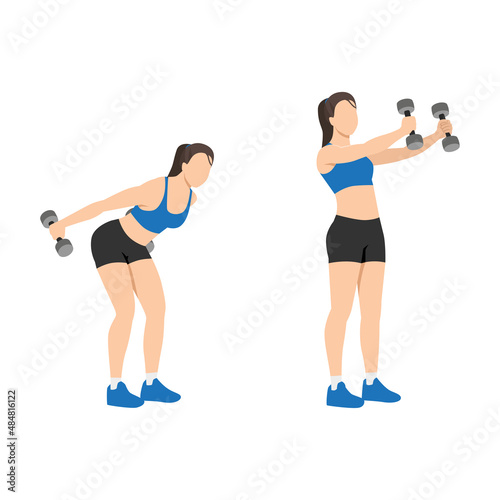Woman doing dumbbell skier swing exercise. Flat vector illustration isolated on white background