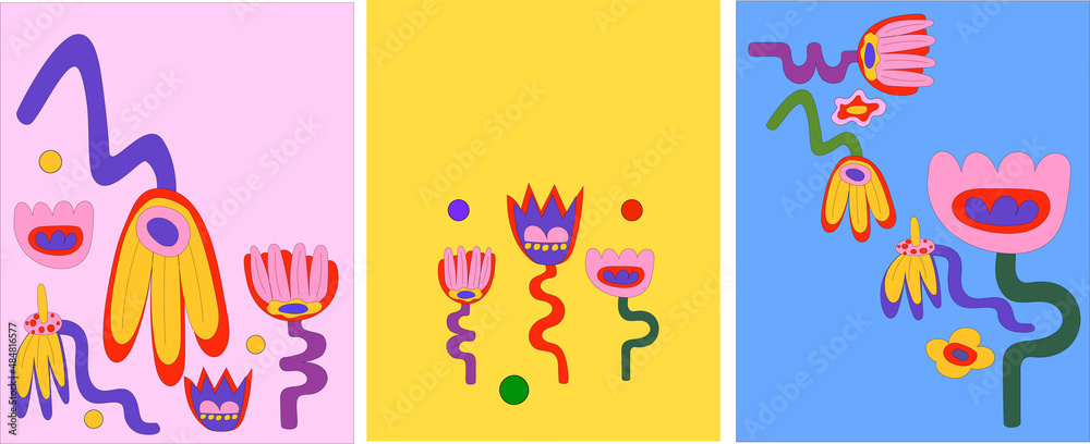 A set of vector illustrations. Bright fancy flowers in the hippie style of the 60s -70s.  Vintage postcard, print, poster. Space for text.