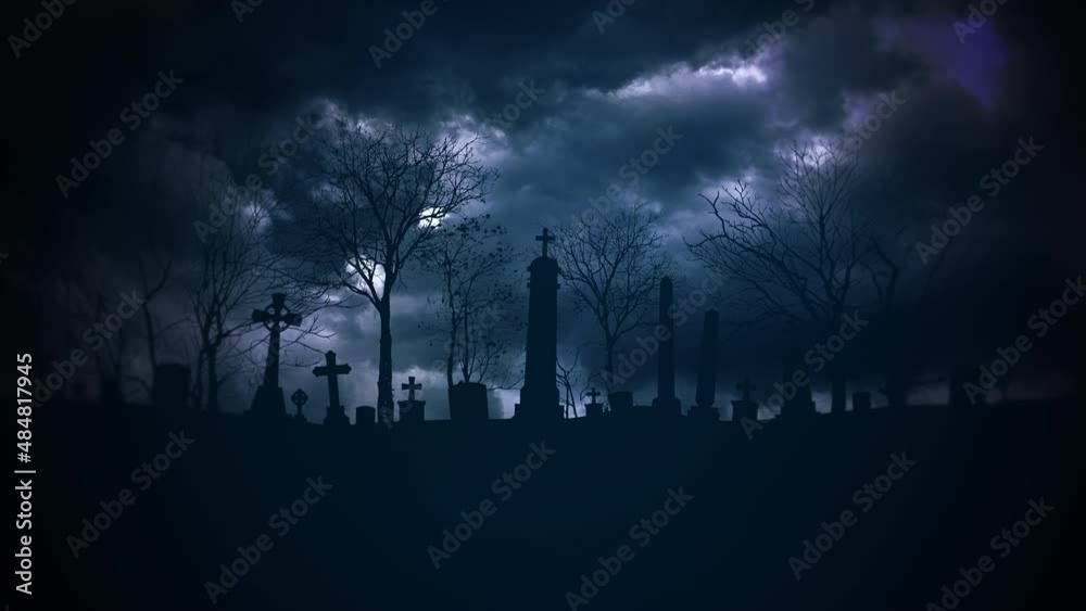 Night landscape with mystical clouds and grave on cemetery, motion horror, mystical and Halloween style background