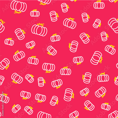 Line Pumpkin icon isolated seamless pattern on red background. Happy Halloween party. Vector