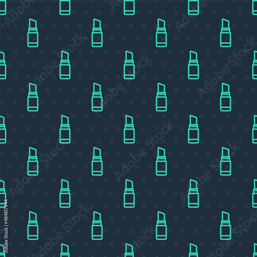 Green line Lipstick icon isolated seamless pattern on blue background. 8 March. International Happy Women Day. Vector