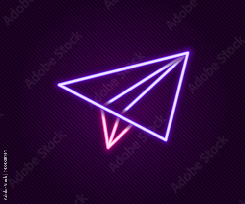 Glowing neon line Paper airplane icon isolated on black background. Colorful outline concept. Vector