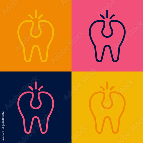 Pop art line Broken tooth icon isolated on color background. Dental problem icon. Dental care symbol. Vector