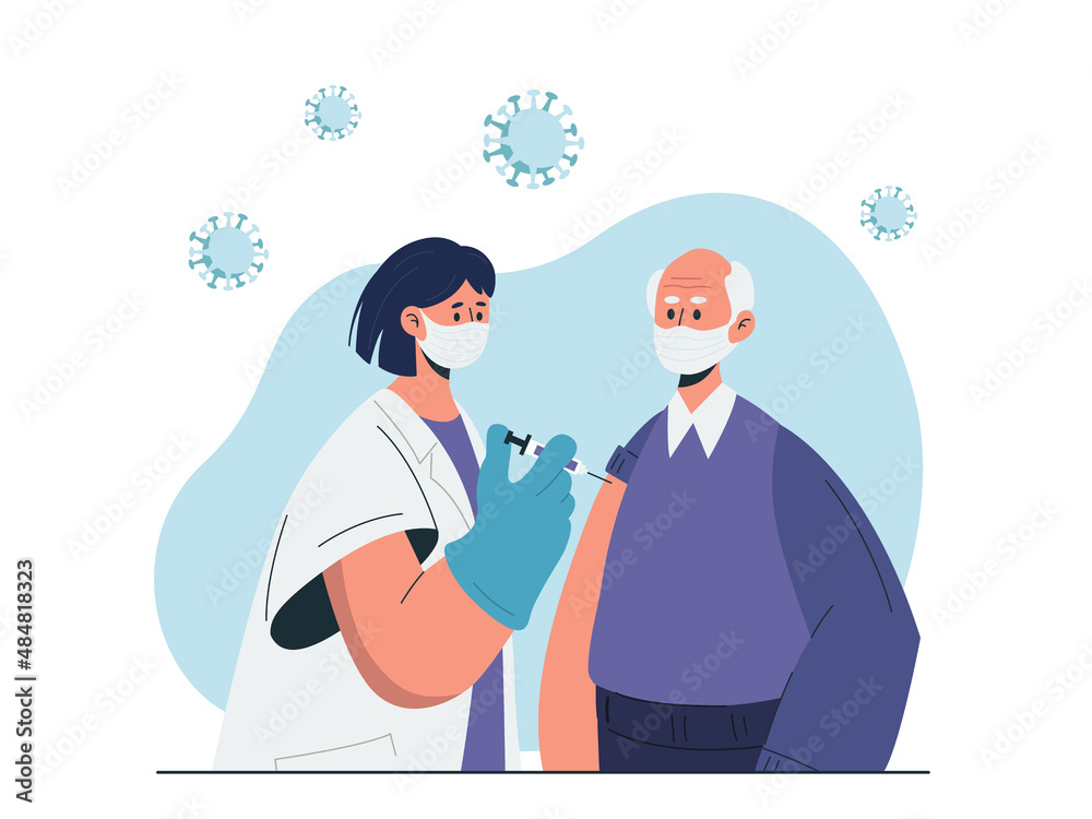 Doctor makes an injection of flu vaccine to old man.
The vaccine against the COVID-19 virus. Old people vaccination concept.
 Healthcare, coronavirus. Flat vector illustration