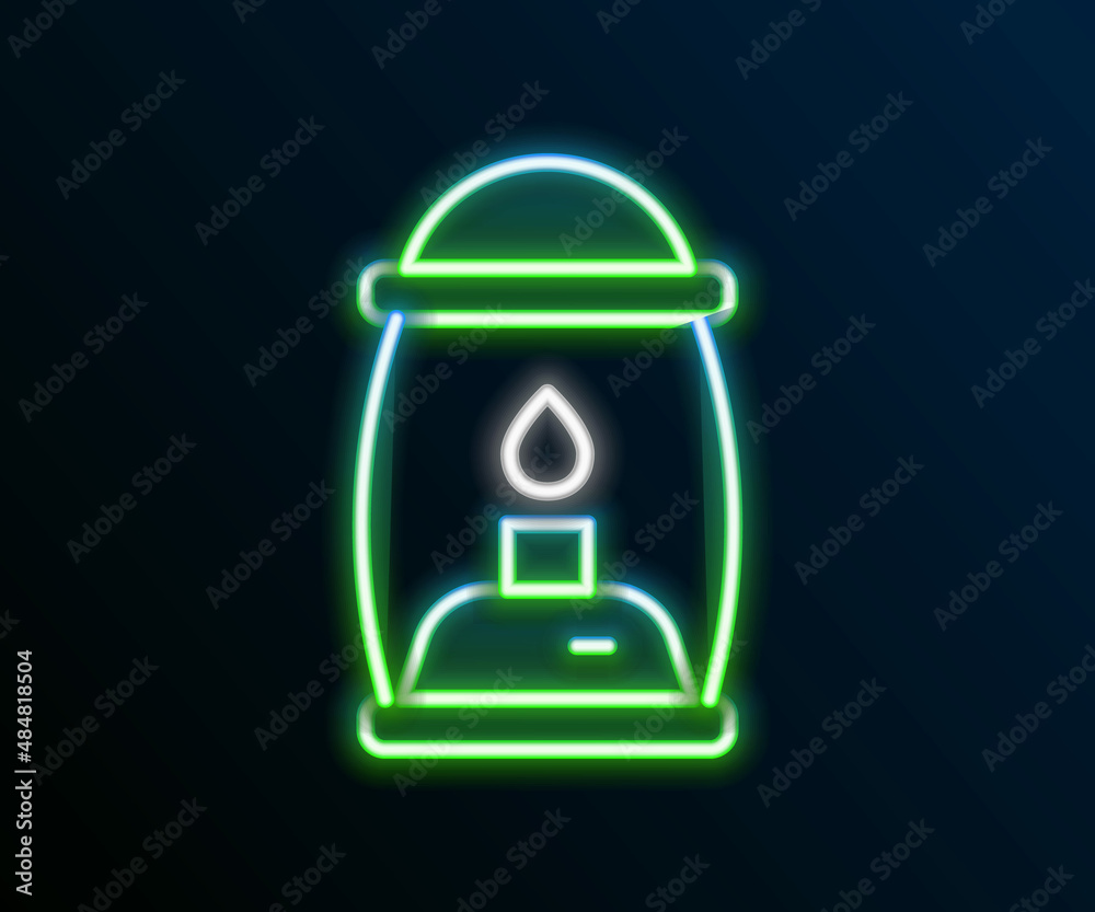 Glowing neon line Camping lantern icon isolated on black background. Colorful outline concept. Vector Glowing neon line Camping lantern icon isolated on black background. Colorful outline concept. Vector