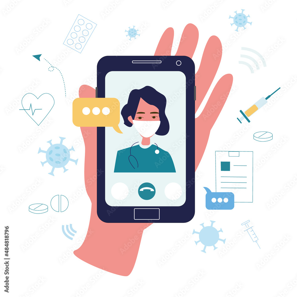 Online consultation with doctor concept. Remote medical treatment. Healthcare concept of digital technology. Consultation and treatment via of Smartphone or Computer. Isolated flat illustration Online consultation with doctor concept. Remote medical treatment. Healthcare concept of digital technology. Consultation and treatment via of Smartphone or Computer. Isolated flat illustration