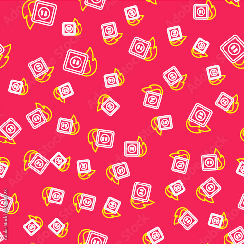 Line Electric wiring of socket in fire icon isolated seamless pattern on red background. Electrical safety concept. Plug outlet on fire. Vector