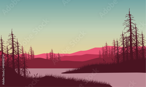 Aesthetic mountain panorama with the silhouette of dry trees in the afternoon from the riverside
