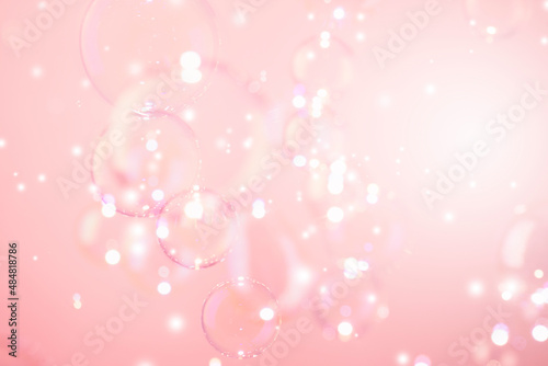 Beautiful Transparent Shiny Pink Soap Bubbles Background.