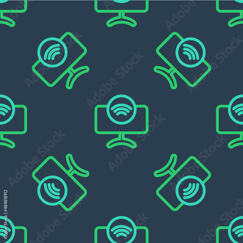 Line Smart Tv system icon isolated seamless pattern on blue background. Television sign. Internet of things concept with wireless connection. Vector
