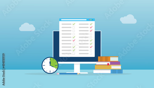 online test concept with computer and paper fill test and books with modern flat style