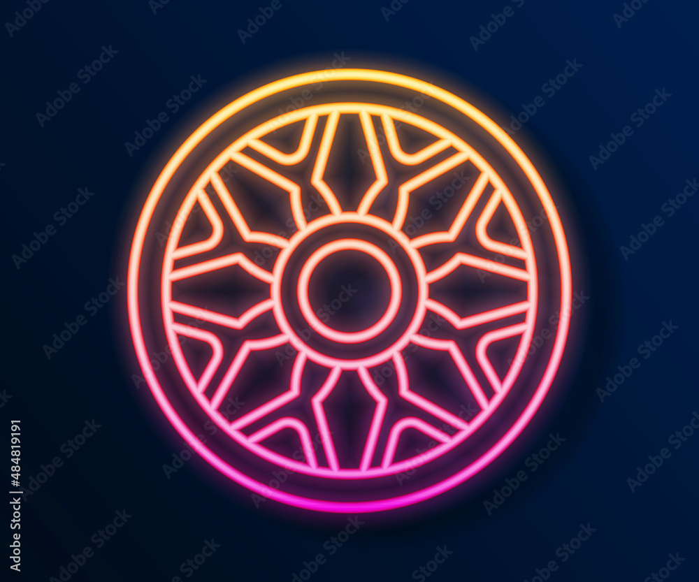 Glowing neon line Alloy wheel for car icon isolated on black background. Vector Glowing neon line Alloy wheel for car icon isolated on black background. Vector