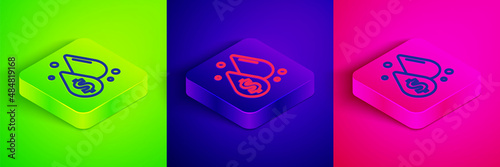 Isometric line Oil drop with dollar symbol icon isolated on green, blue and pink background. Oil price. Oil and petroleum industry. Square button. Vector