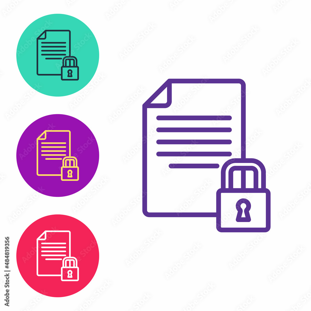 Set line Document and lock icon isolated on white background. File format and padlock. Security, safety, protection concept. Set icons colorful. Vector Set line Document and lock icon isolated on white background. File format and padlock. Security, safety, protection concept. Set icons colorful. Vector