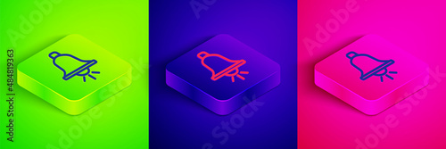 Isometric line Ringing alarm bell icon isolated on green, blue and pink background. Fire alarm system. Service bell, handbell sign, notification symbol. Square button. Vector
