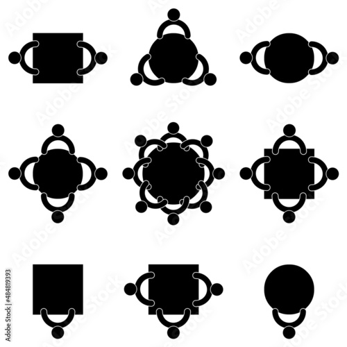 Different number of people sitting at round and square tables, symbols for business meeting, corporation or application, black icons isolated on white background